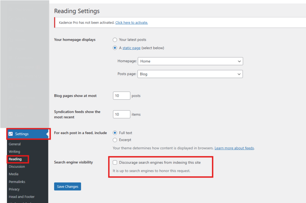 check Discourage search engines from indexing this site in WordPress