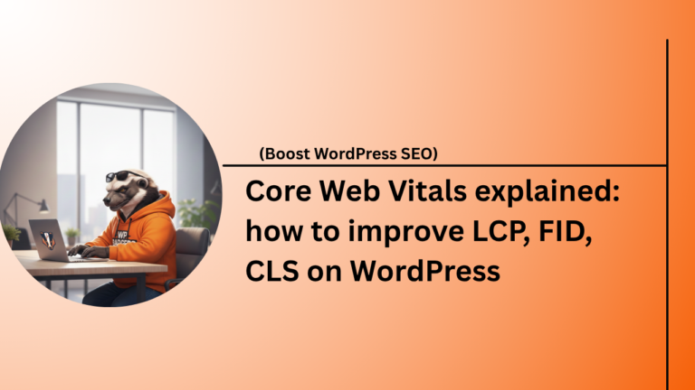 A technical dashboard showing Core Web Vitals explained with metrics for LCP, FID, and CLS on a WordPress site.