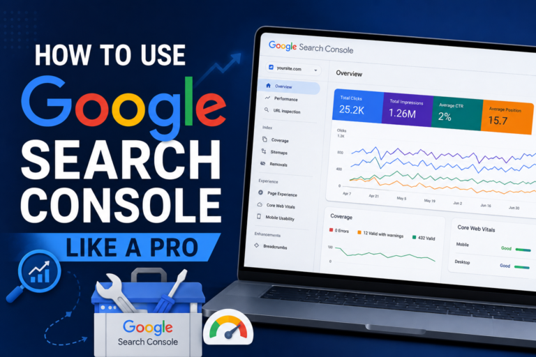 A marketer analyzing organic search traffic and core web vitals on the Google Search Console dashboard.