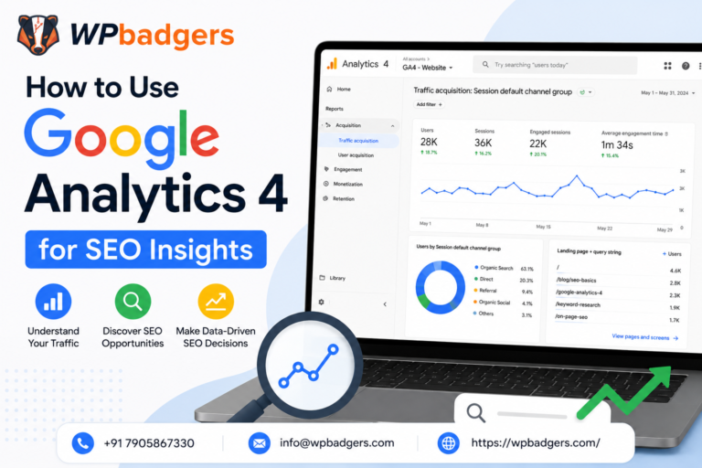A digital marketer setting up Google Analytics 4 for SEO data tracking on a website dashboard.